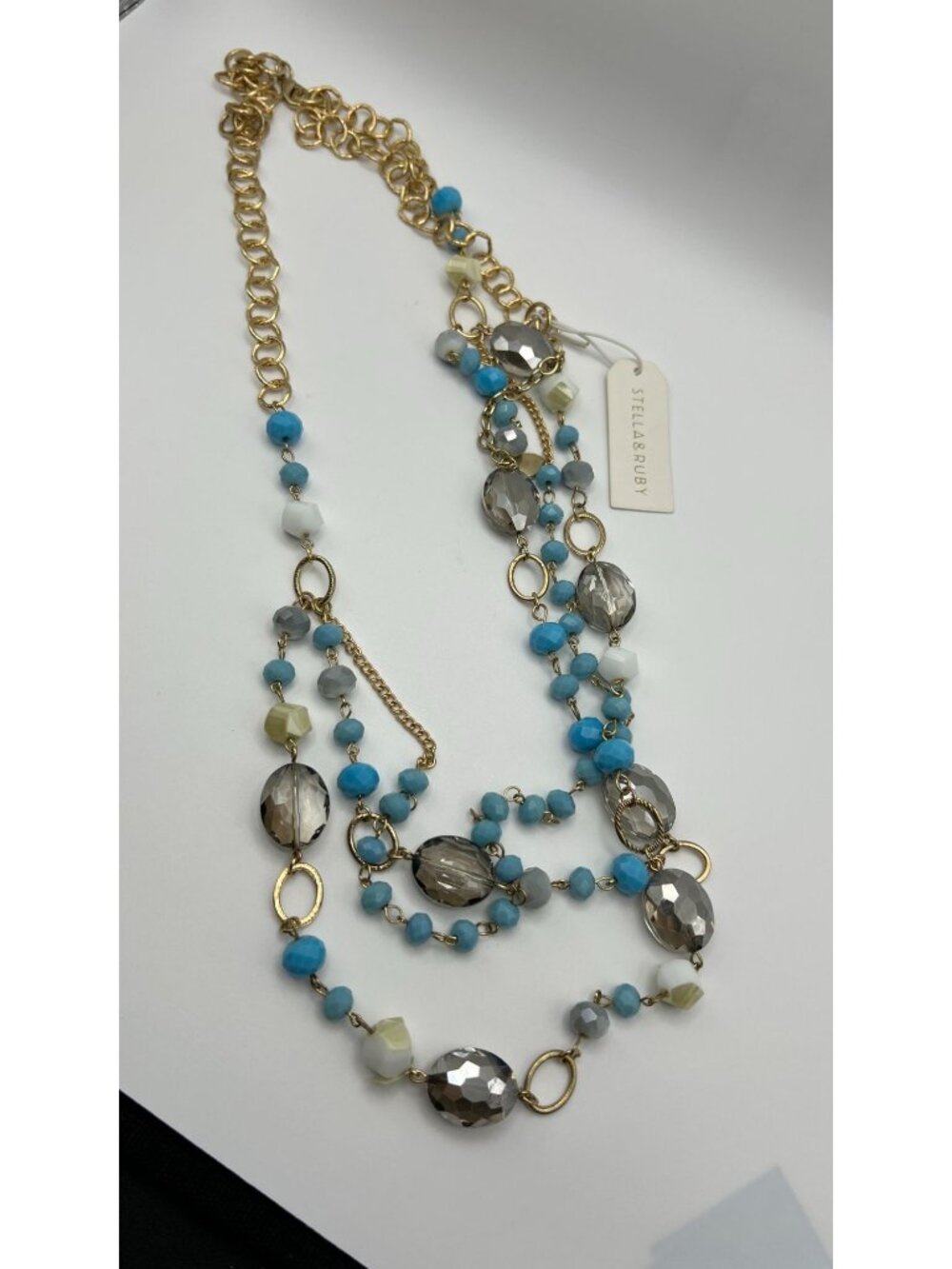 Stella & Ruby Gold Chain Multi-Strand Necklace With Blue White & Clear Beads